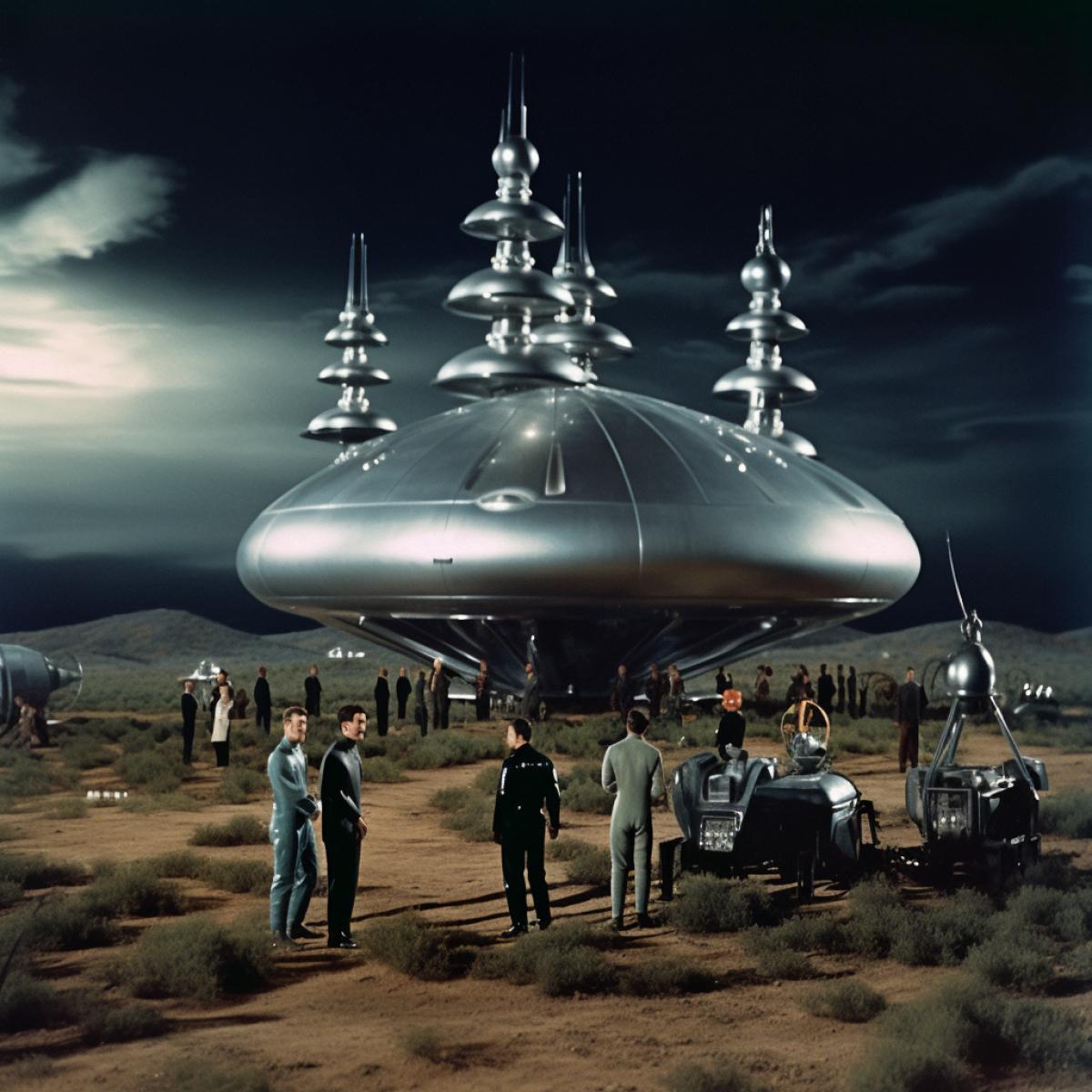 Still from movie Forbidden Planet 1950 with starship, retro futurism