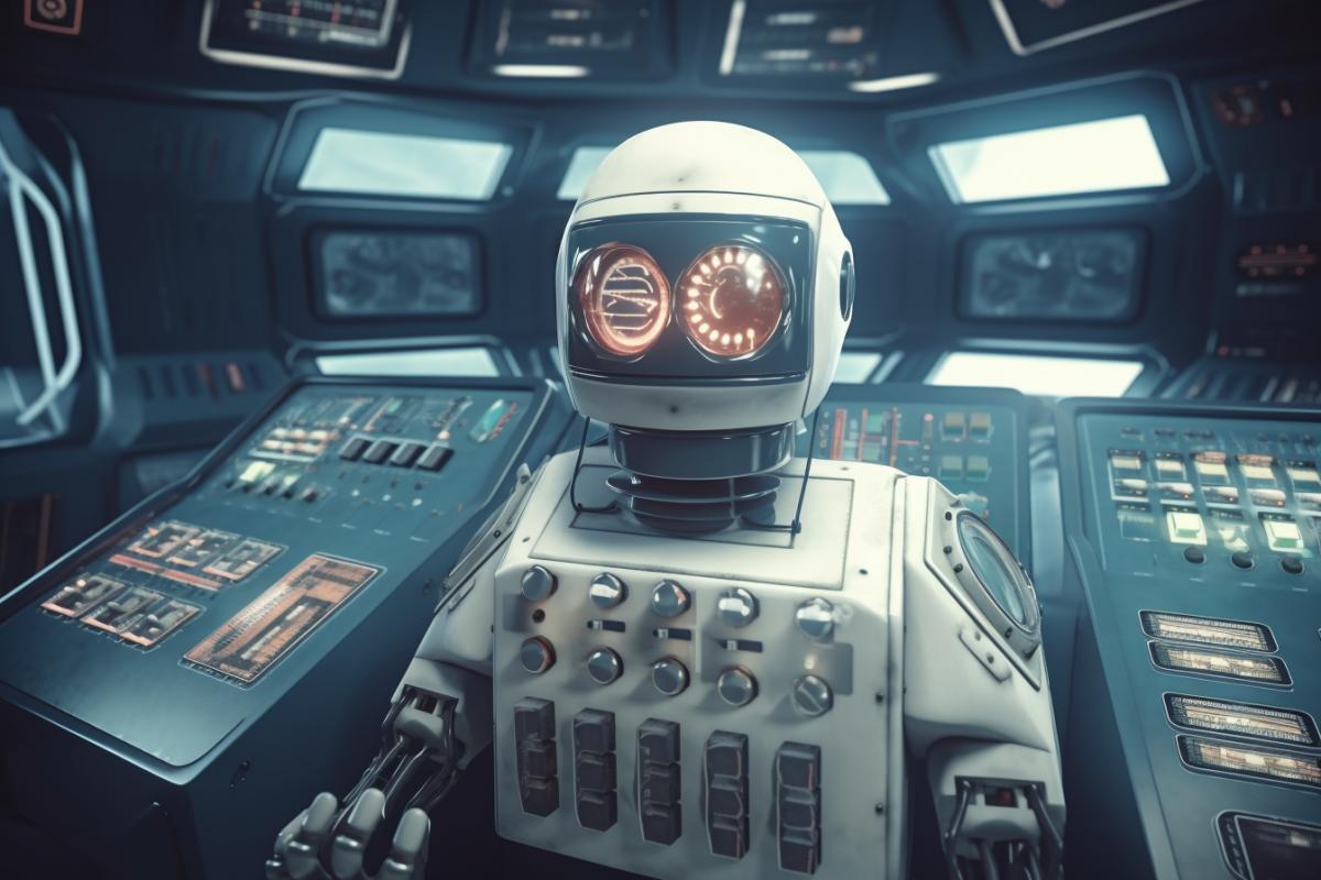retro robot controls spaceship, retro futurism