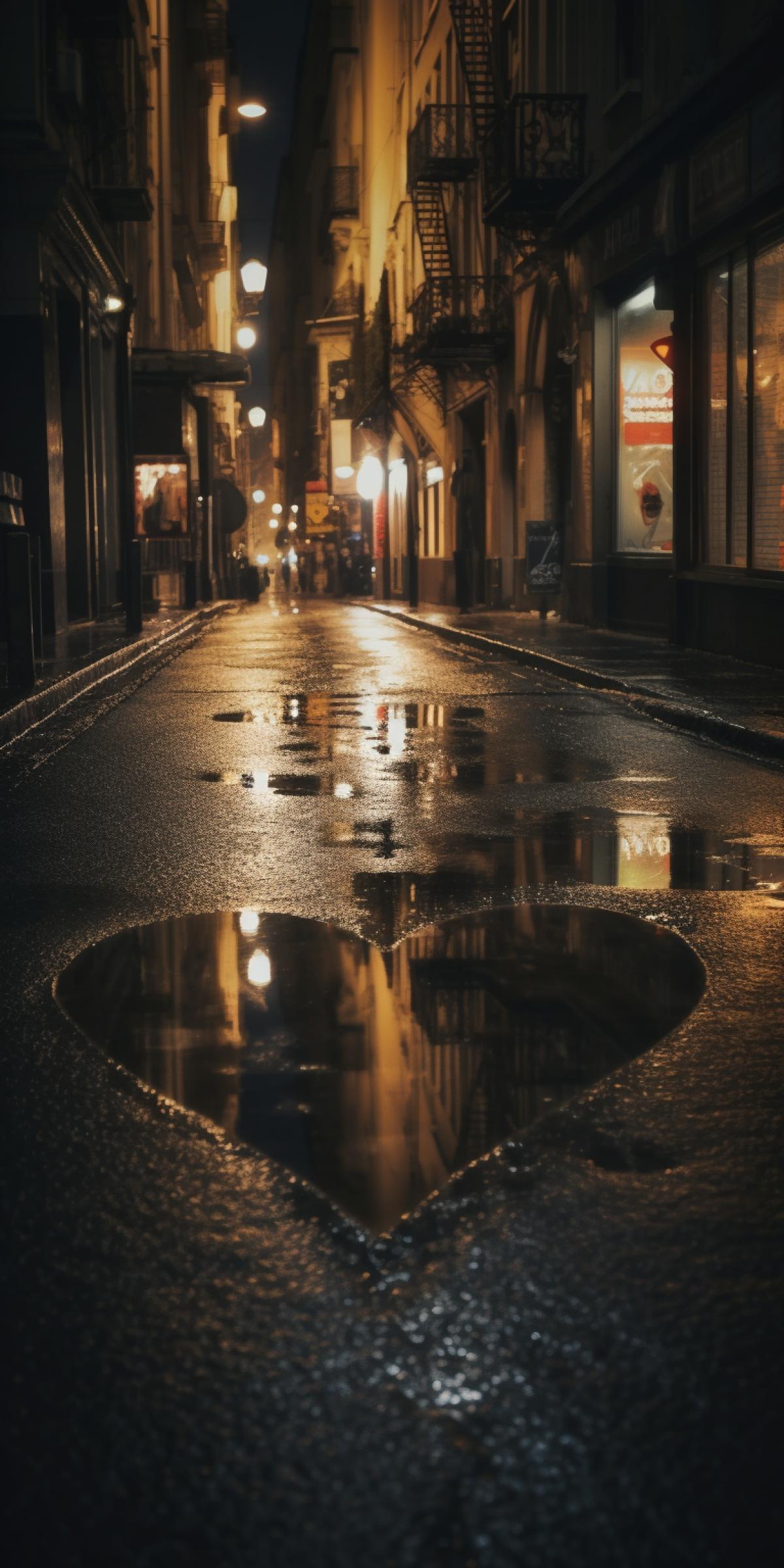 A puddle with the shape of a heart, city street, night image, raining