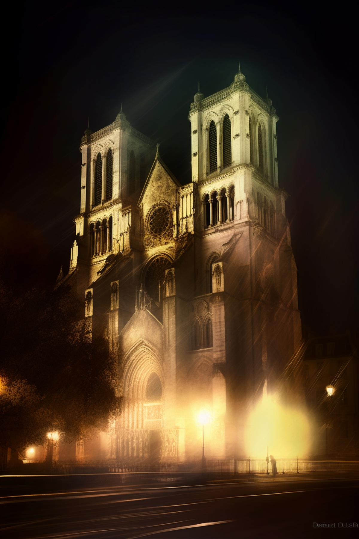 a cathedral at night with lights shining on it, in the style of impressionistic treatment of light, kodak gold, lyon school, motion blur, kodak vision3, british topographical, eerily realistic