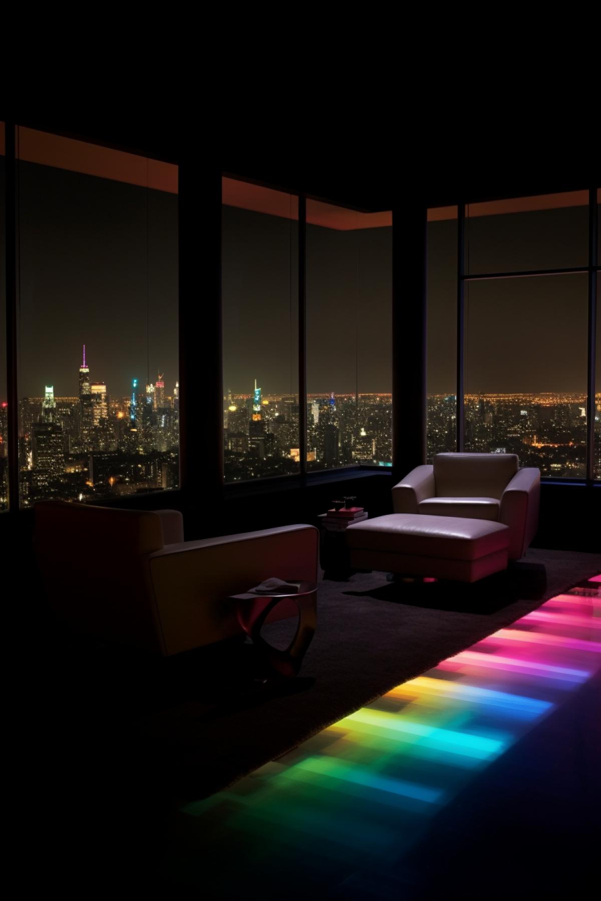 minimal ultramodern room, dark walls, floor made of alternating stripes of artfully arranged colorful opal specimens, extreme beauty, mesmerizing, hidden dragon, excellent lighting, stunning view of futuristic cityscape, frank lloyd wright tiffany lamp