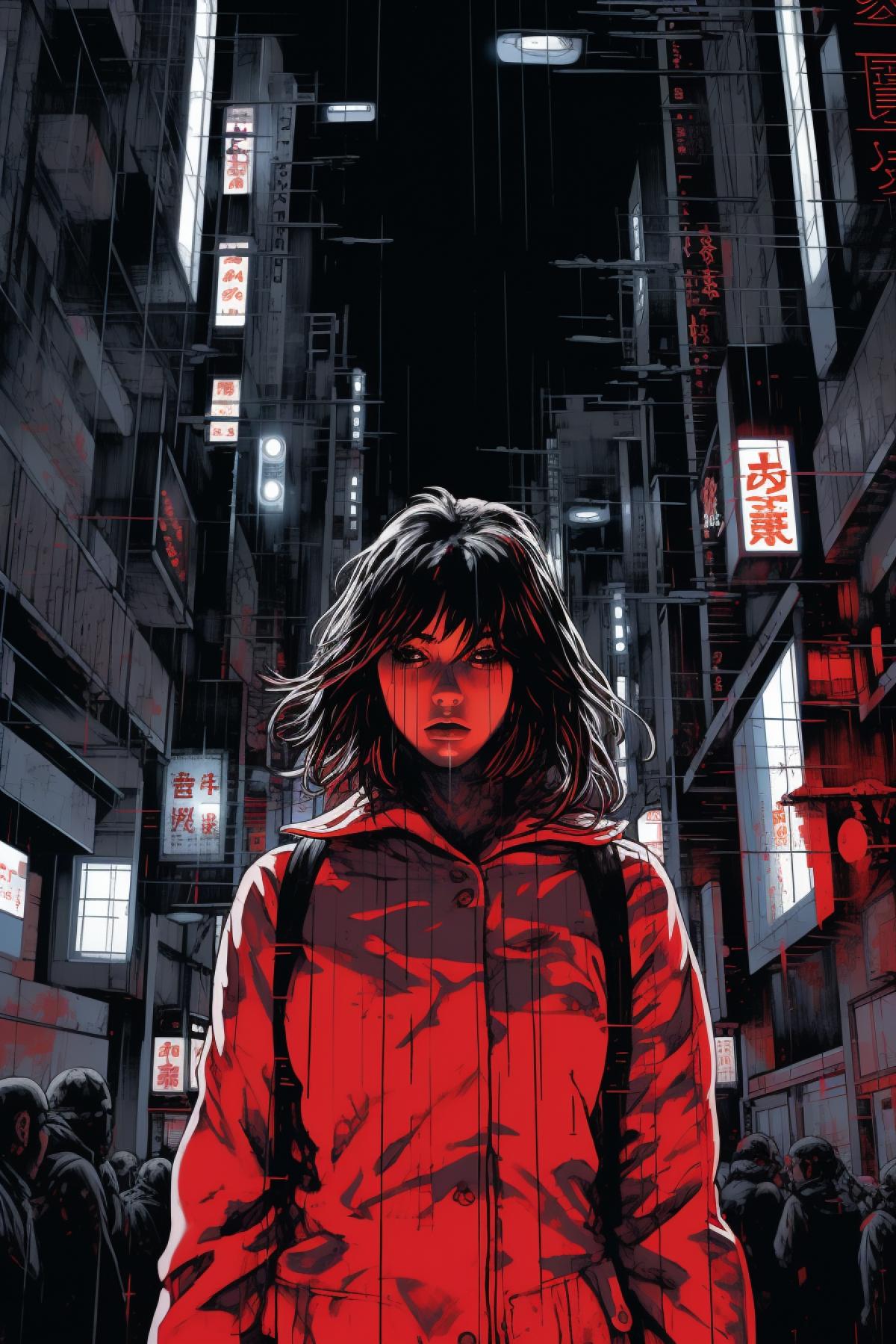 an illustration has human in a city at night, in the style of bold manga lines, light red and dark, chung shek, detailed comic book art, poster art, silkscreening, high-contrast shading
