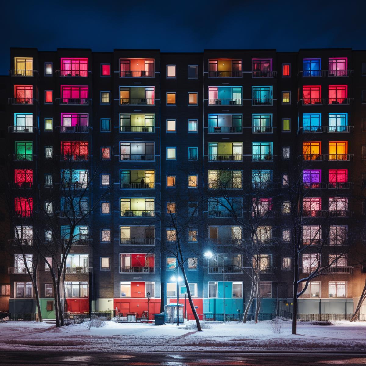 an endless dark condo building with colorful windows on a winter night