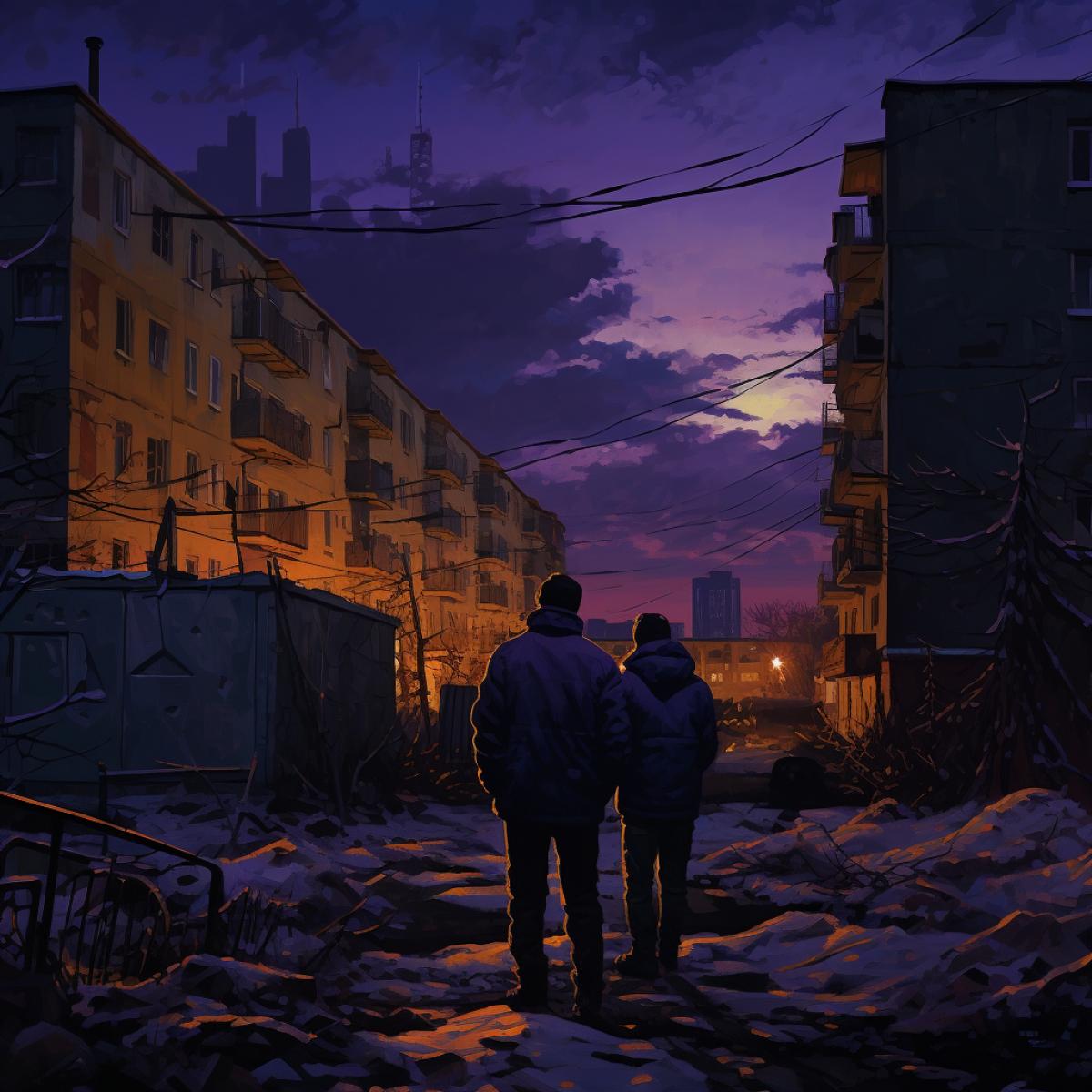 dark purple sky, dark blue sky, underground, purple and blue night sky, Russian courtyards, Russian Soviet panel houses, silhouettes of two men in a hood and sneakers, smoke, hip-hop, re yellow light from the windows of houses, orange yellow light from street lamps, graffiti on the walls, rap, graffiti on the garage, cinematic