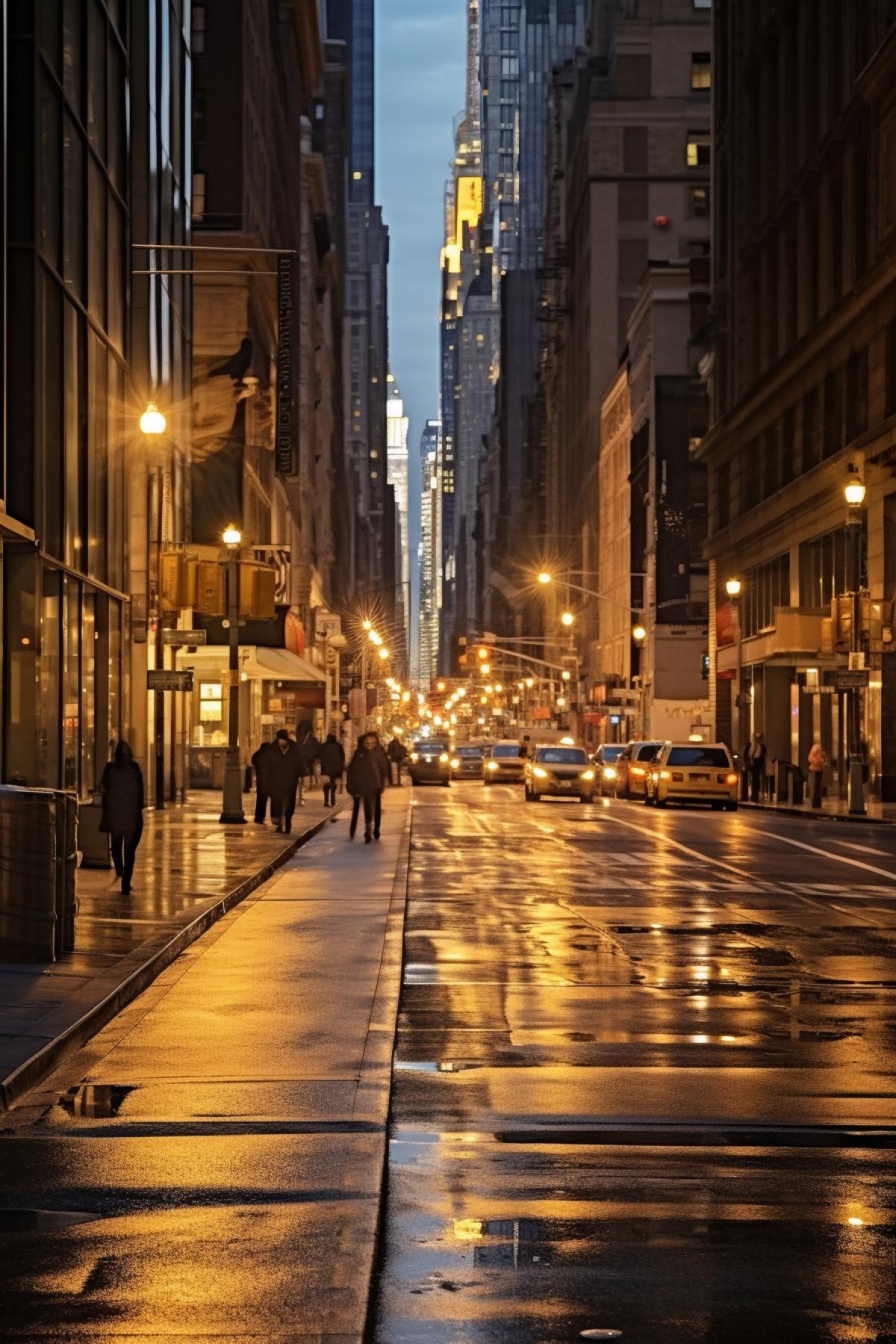 clean empty street at night in New York City, people walking on sidewalk, sunset, golden lights, cinematic lighting, wide angle photo, photorealistic, very high detail