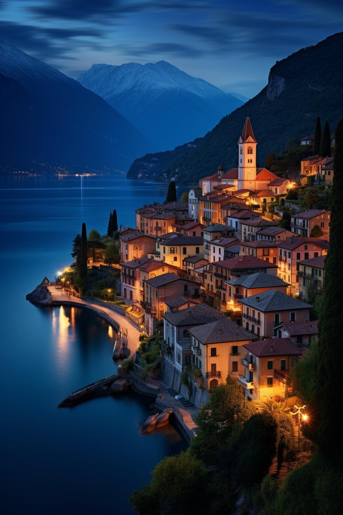 picturesque fantasy village, varenna italy, bustling with energy, night, church, beautiful, river, stunning, ultra-realistic, post-processing, cinematic lighting, Thomas Cole, Gediminas pranckevisius, thomas struth