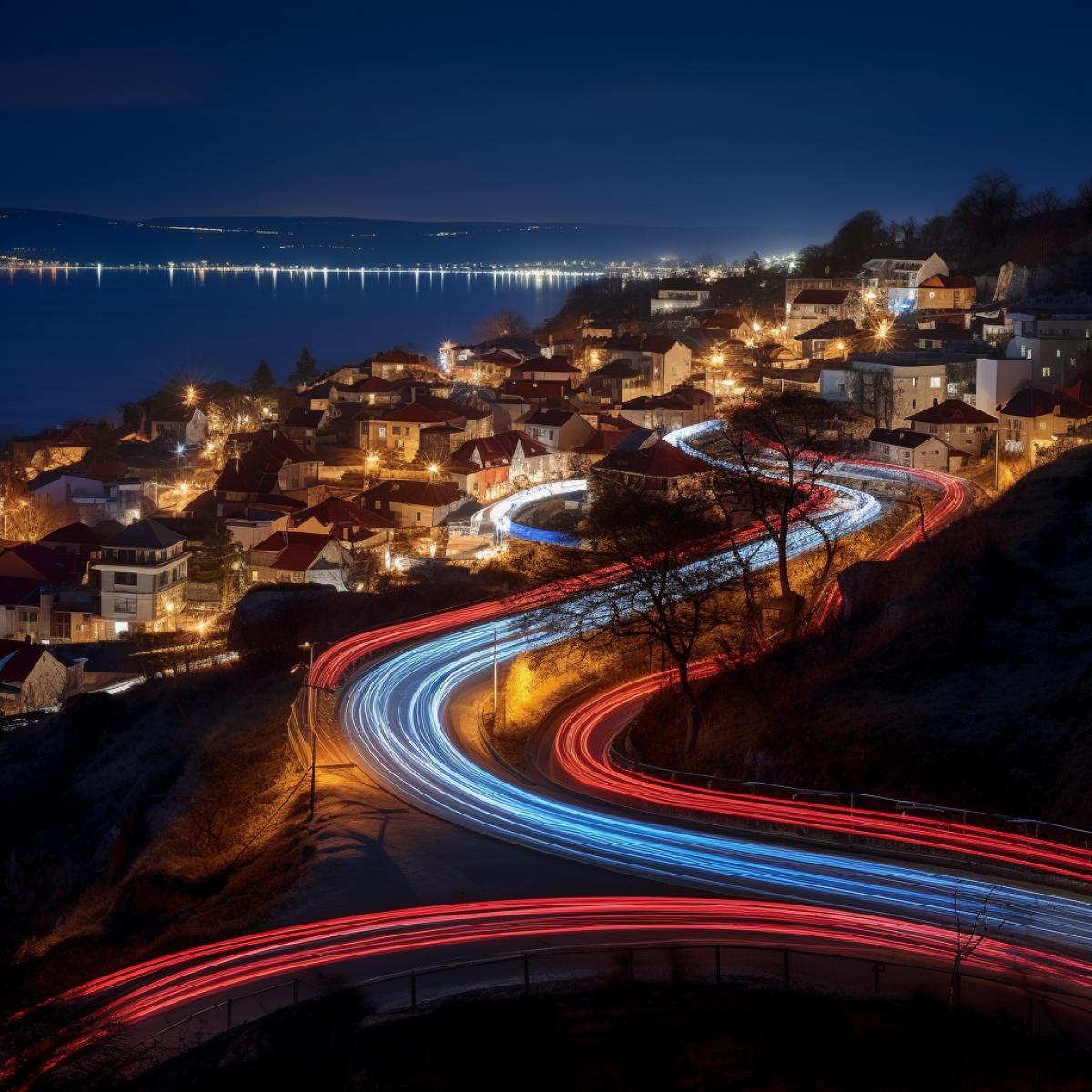 town at night with light painting trail winding all through town