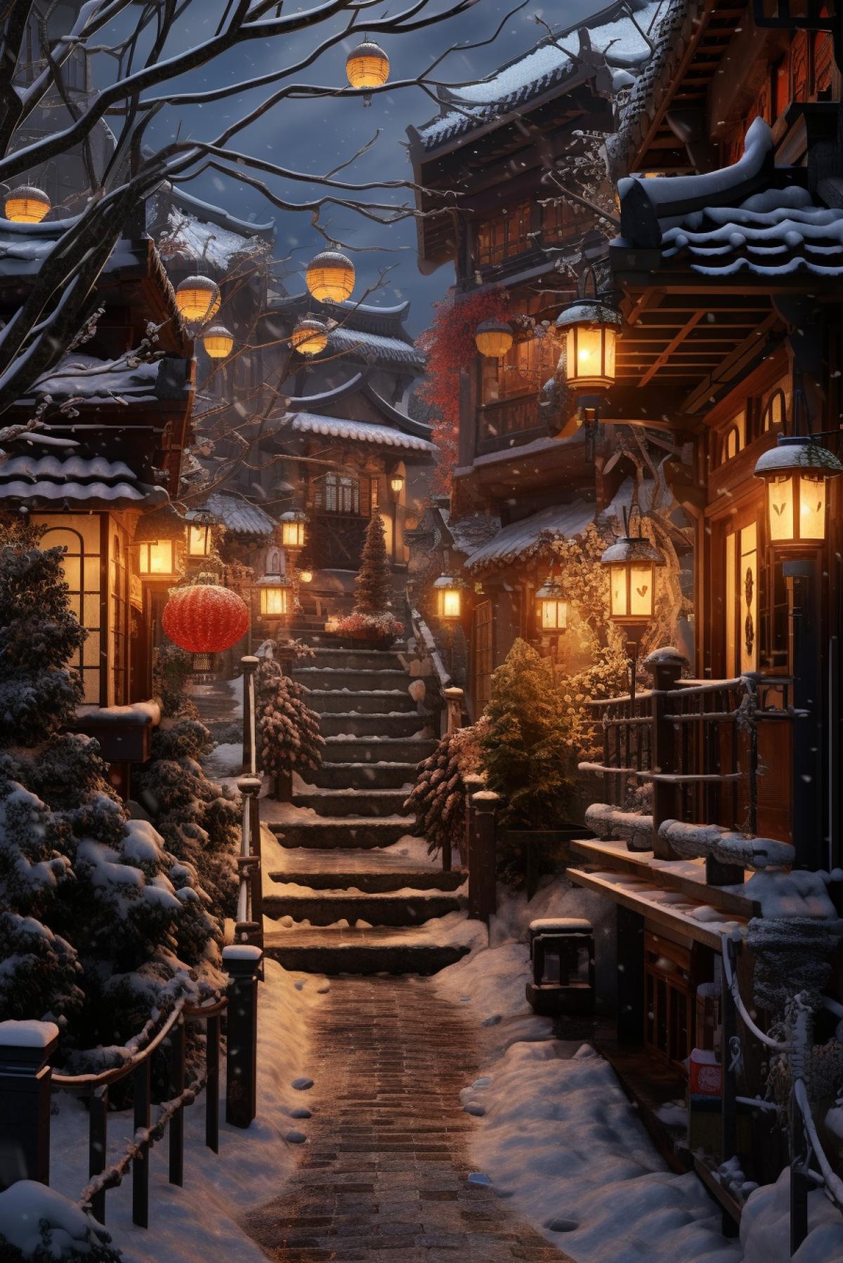 a very narrow path of a street in Seoul, snowfall, night, moon, lamps, intricate details, rich colors, rich vegetation, ornate, cinematic, symmetrical, beautiful lighting, V-Ray render, utopian, magical lights, photorealistic