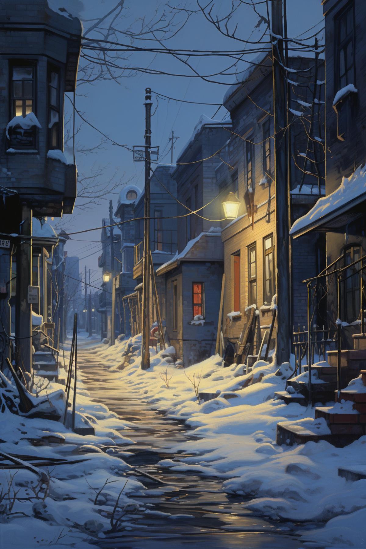 acrylic on canvas painting of a quiet street corner, 3D relief painting texture, snowy dusk, dappled lighting, highly detailed, extremely intricate, meticulous painting, octane render, unreal engine, dramatic lighting, post processing