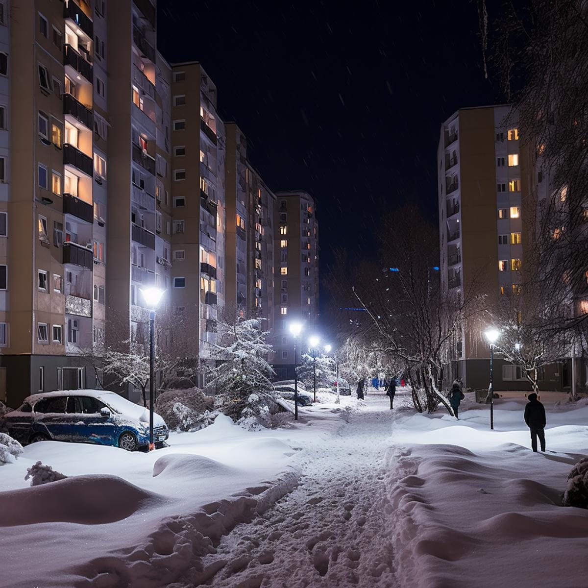 russia, residential building, snow, night, lights