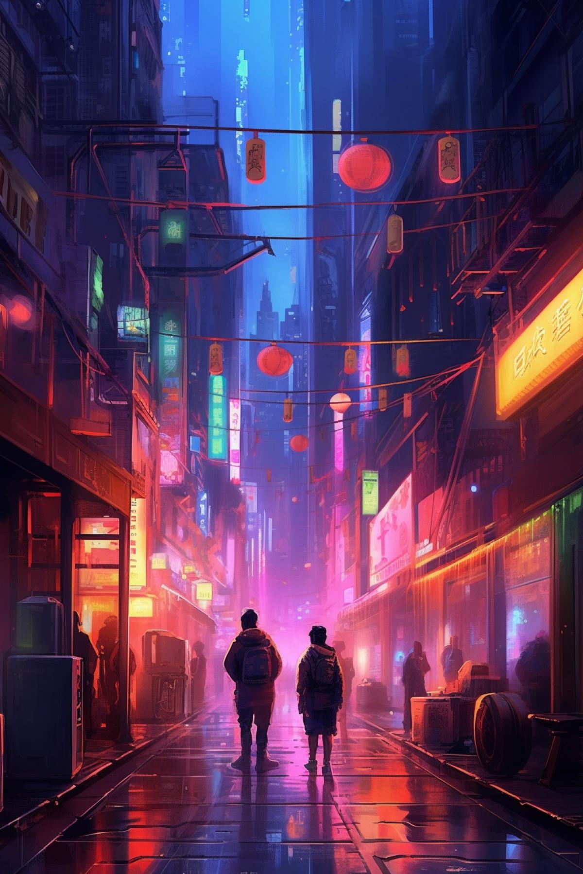 night city cyberpunk, neon, street musicians