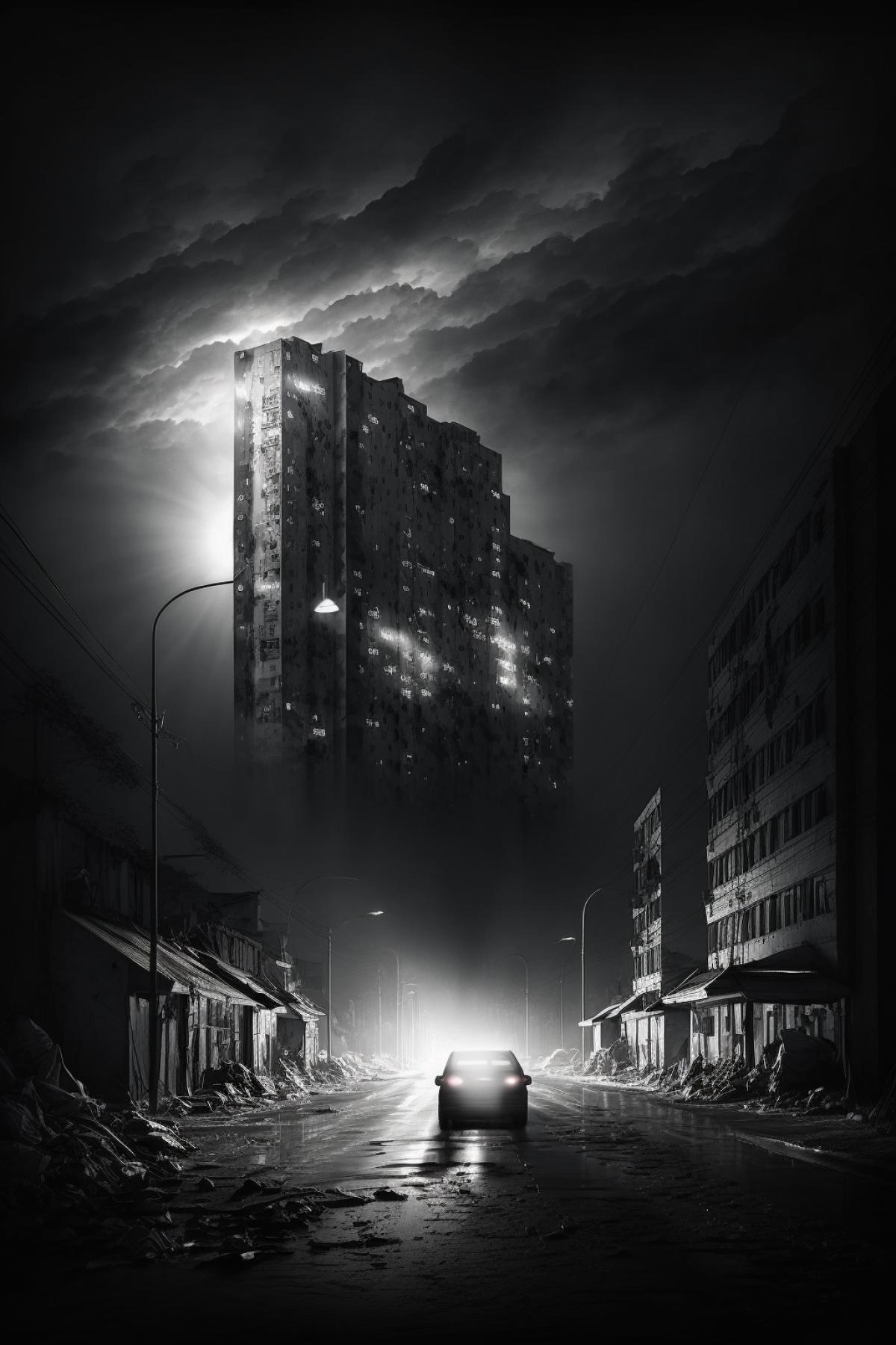 Night city in the outback of Russia in the style of sin city