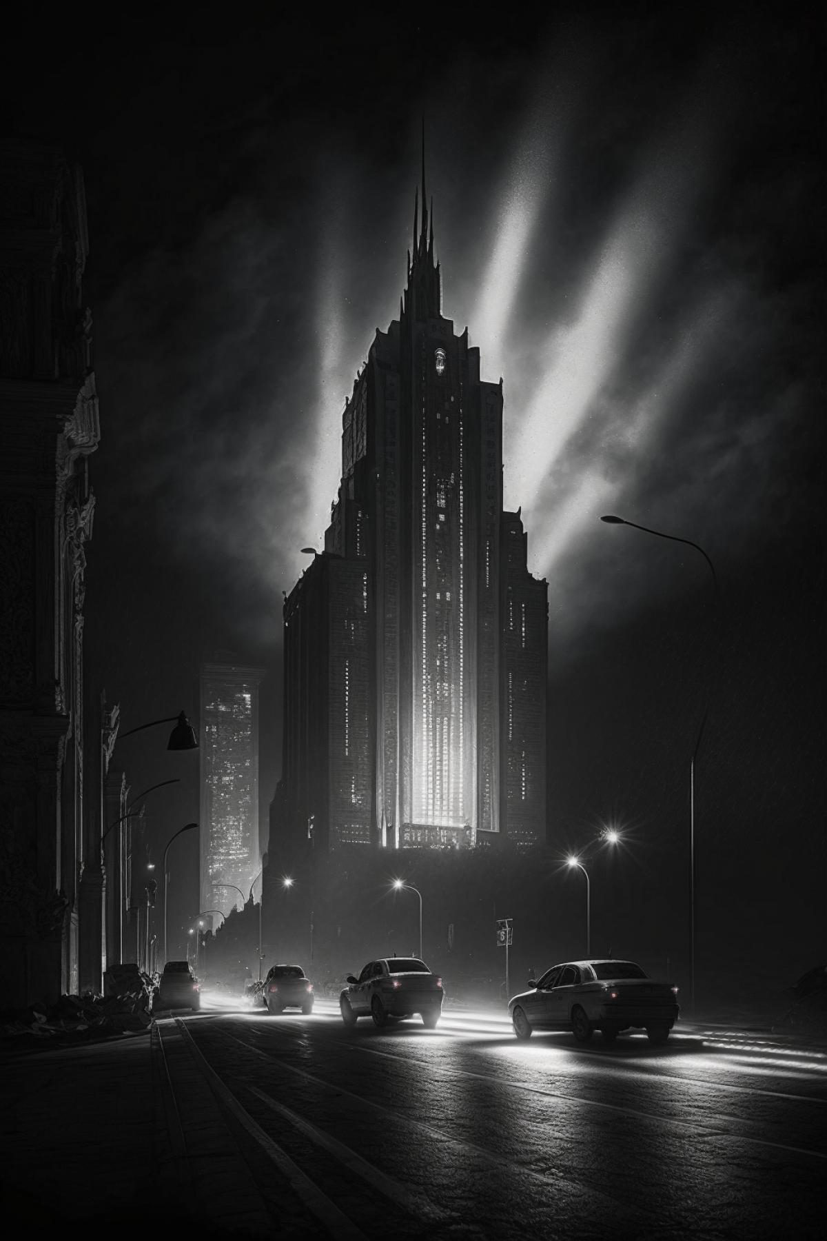 Night city in the outback of Russia in the style of sin city