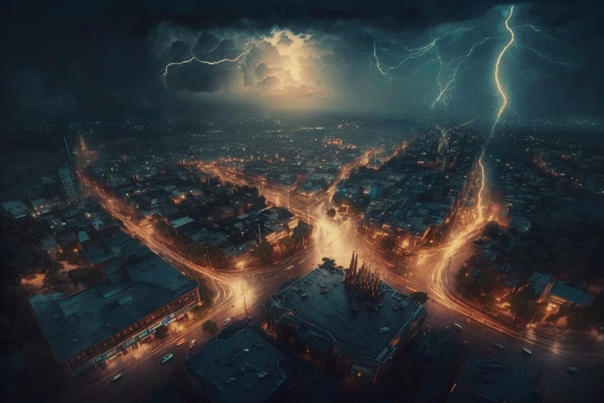 metropolis from a birds eye view at night, a huge thundercloud is circling over the city, part of the city is de-energized, lightning flashes, infernal lighting
