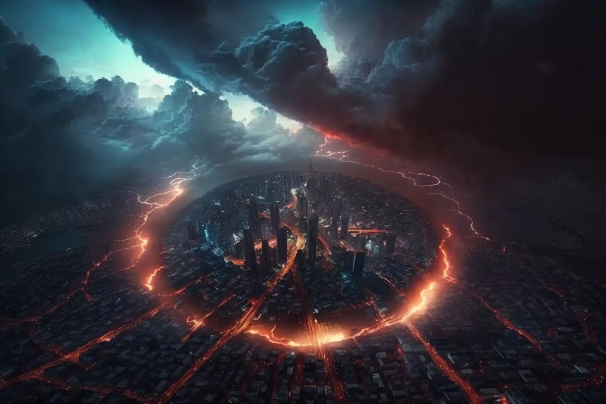 metropolis from a birds eye view at night, a huge thundercloud is circling over the city, part of the city is de-energized, lightning flashes, infernal lighting