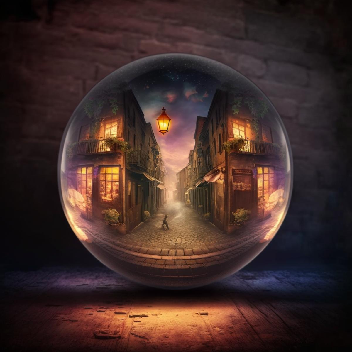 miniature night medieval city in a gltransparent ball, narrow streets, lanterns are burning, many details, details, realistic and fabulous