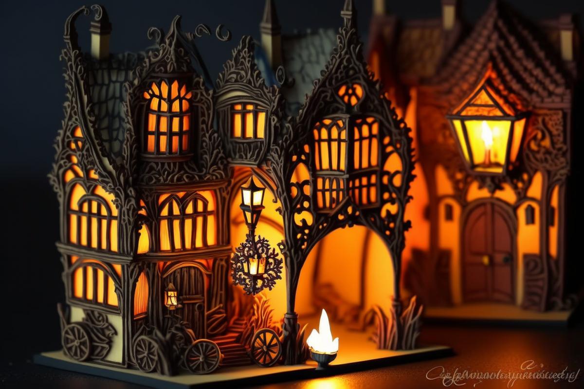 miniature night medieval city, narrow streets, lanterns are burning, many details, details, realistic and fabulous, quilling technique