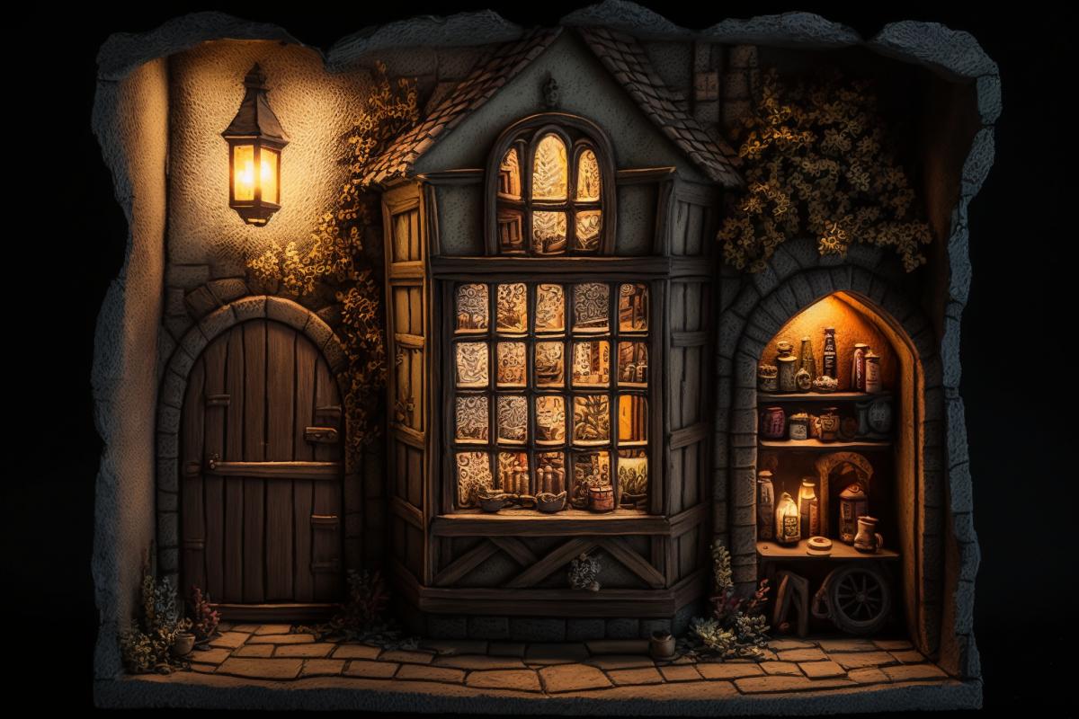 miniature medieval city at night, narrow streets, lanterns are lit, many details, details, realistic and fabulous, stained gltechnique on the window