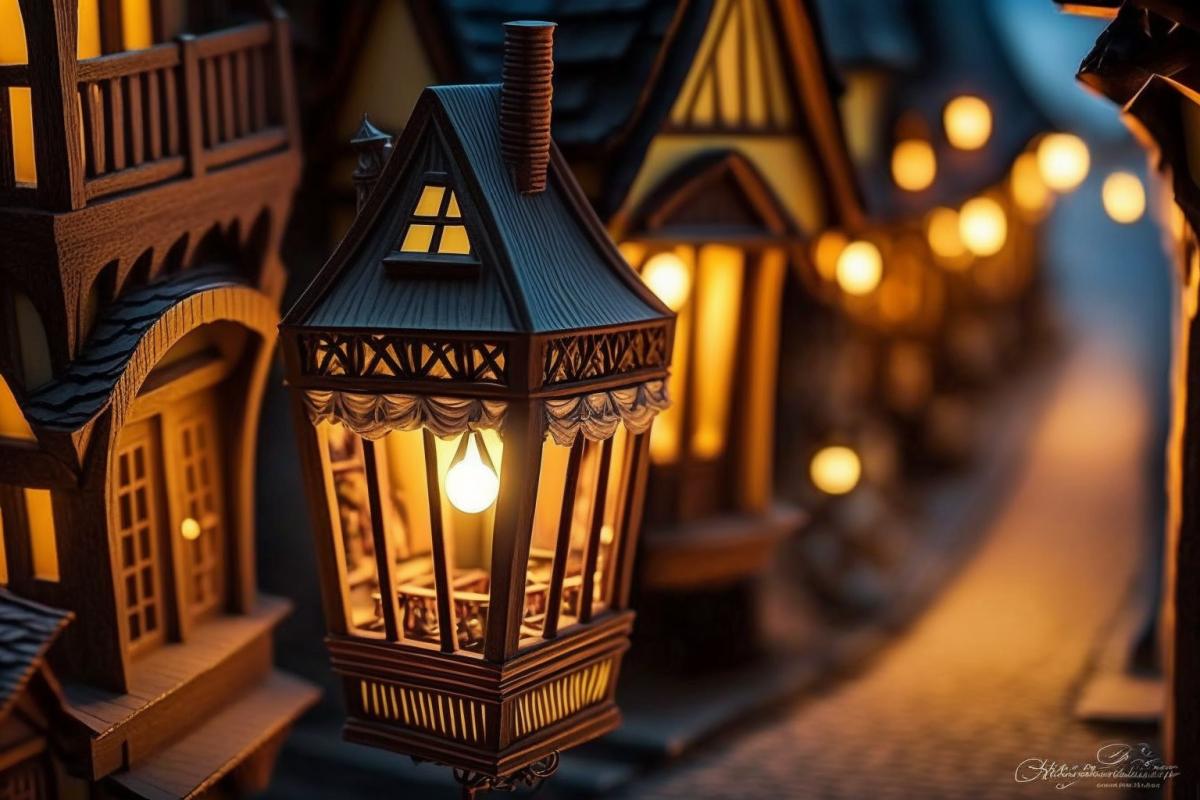 miniature night medieval city, narrow streets, lanterns are burning, many details, details, realistic and fabulous, quilling technique