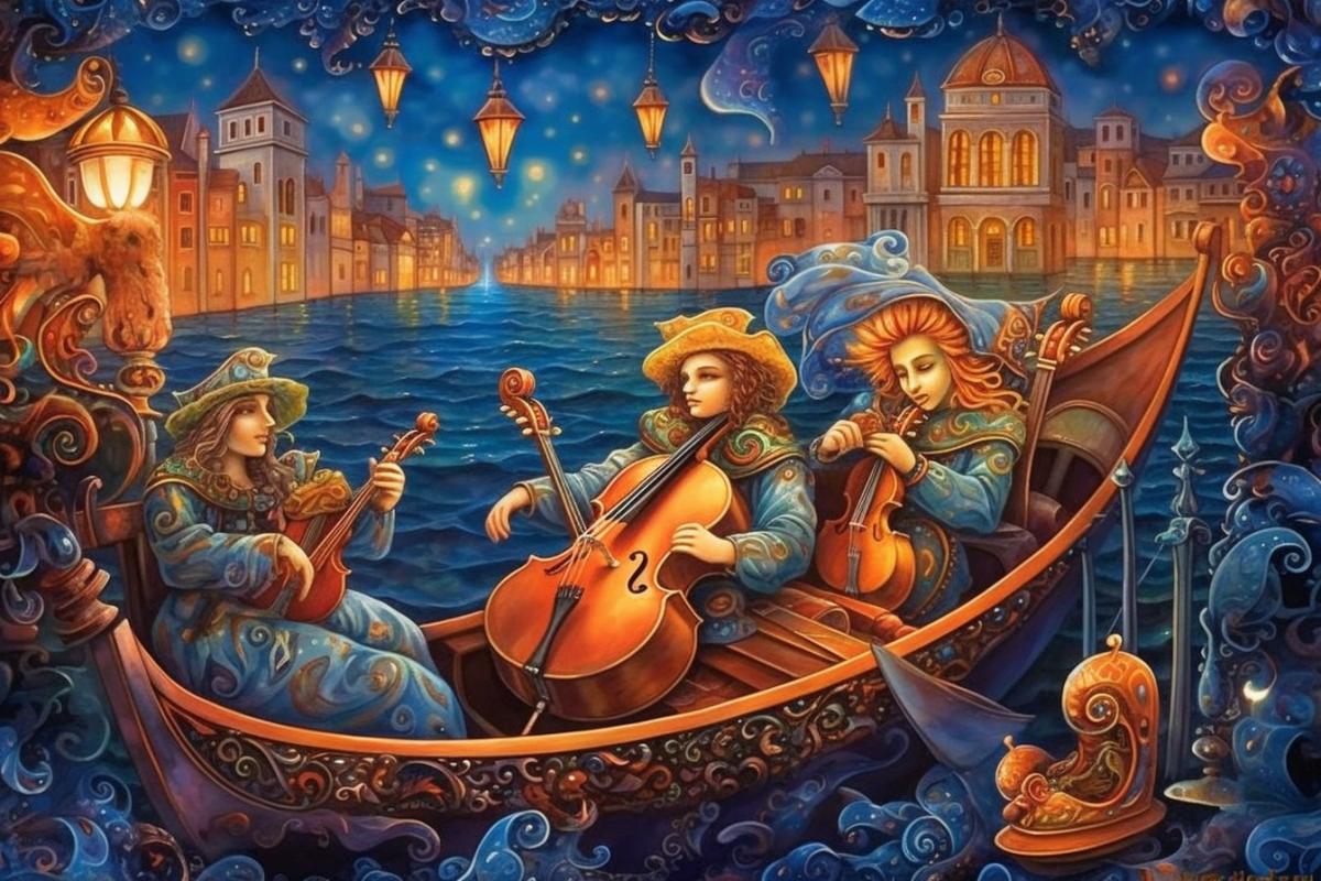 carnival, Venice at night, canals, gondolas, lanterns, face masks, fun, music and laughter, stained-glwindow, triptych