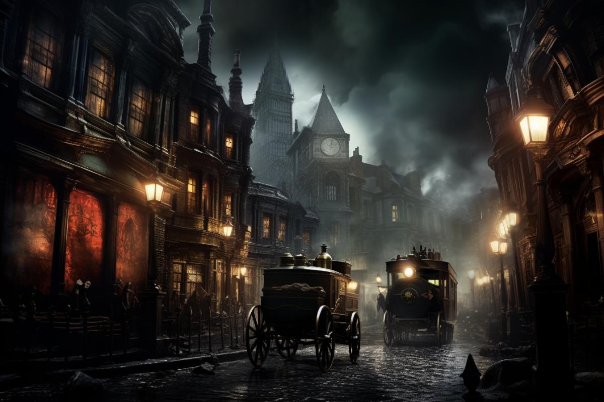 London after midnight, Victorian city, steampunk, gothic, atmospheric, photorealistic, mystical