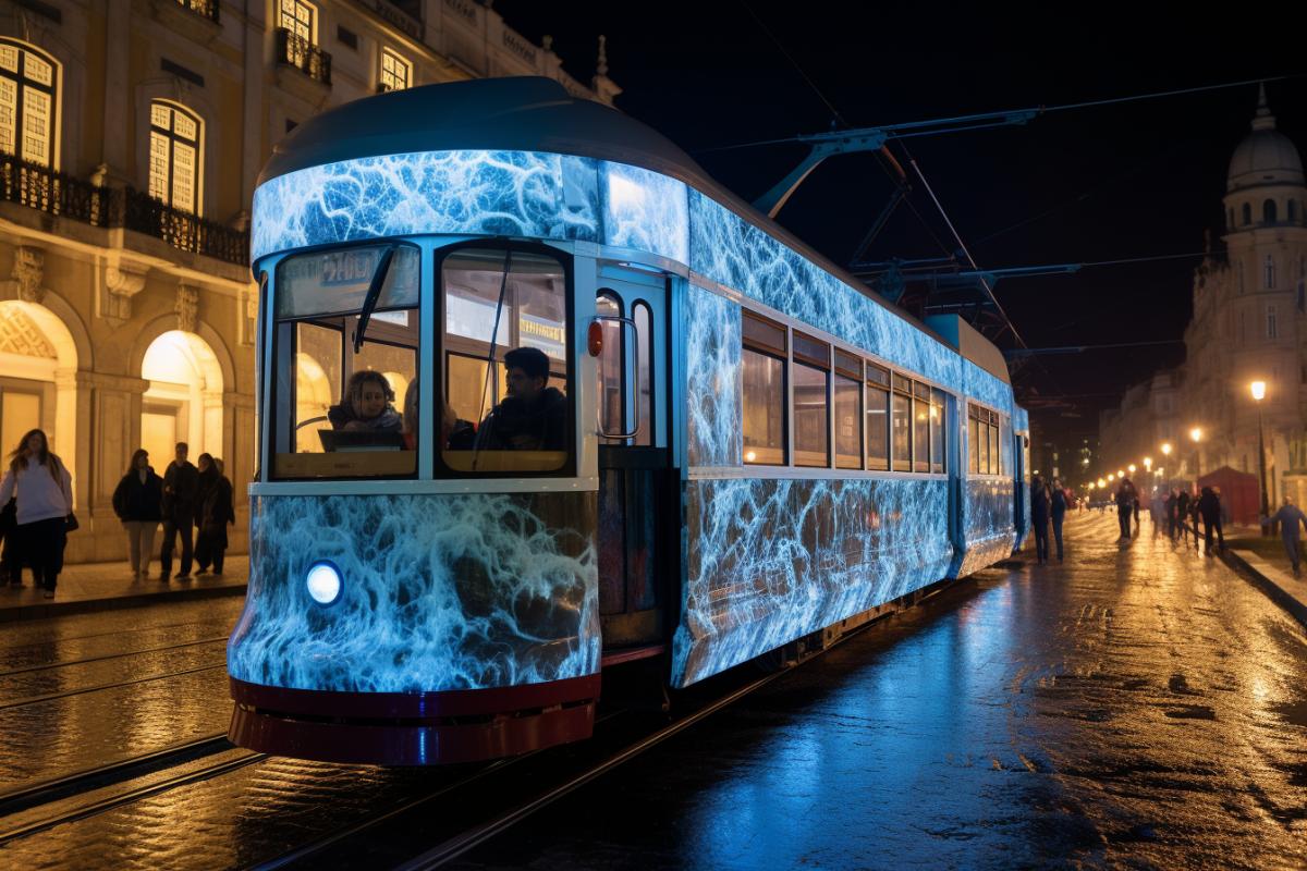 bioluminescent tram driving at night in Lisbon