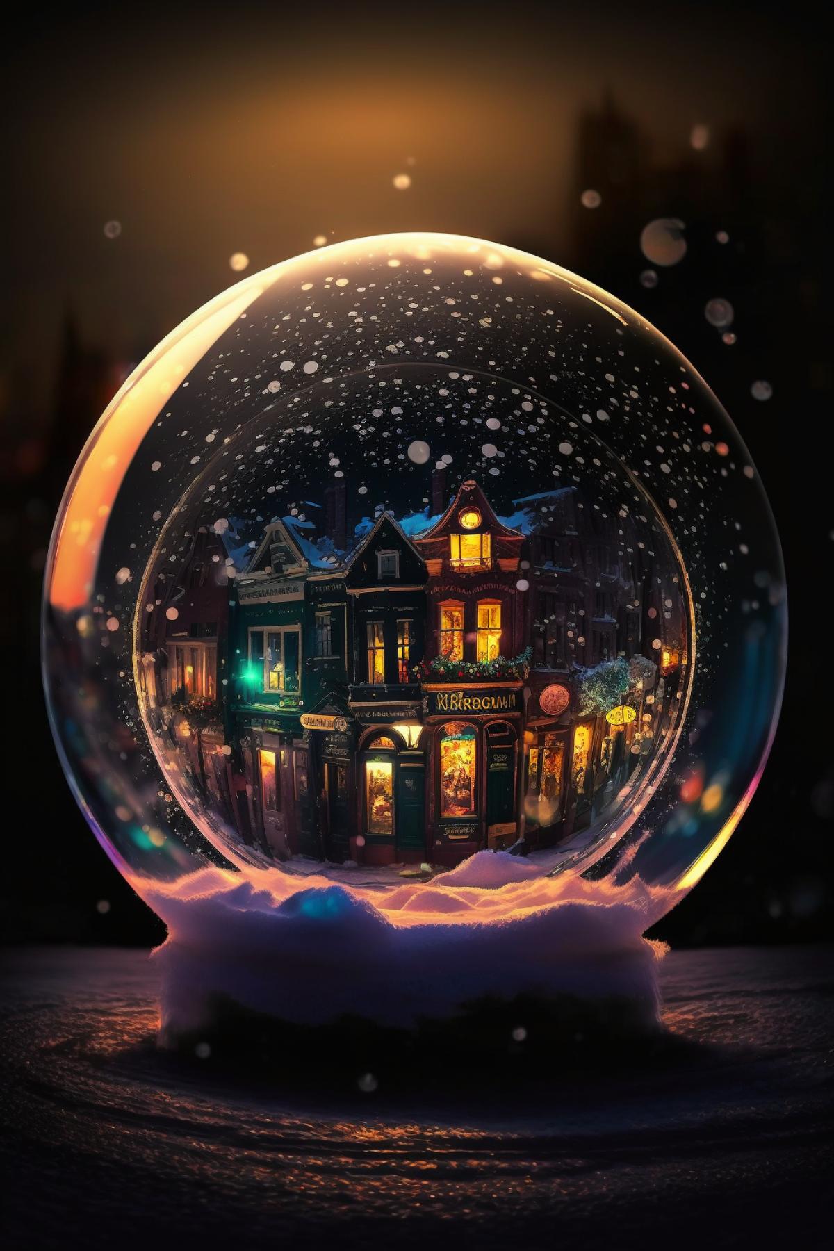 inside a shiny glball, night city with neon signs surrounded by snowfalls, winter magic, colorful Christmas setting as background, intense focus