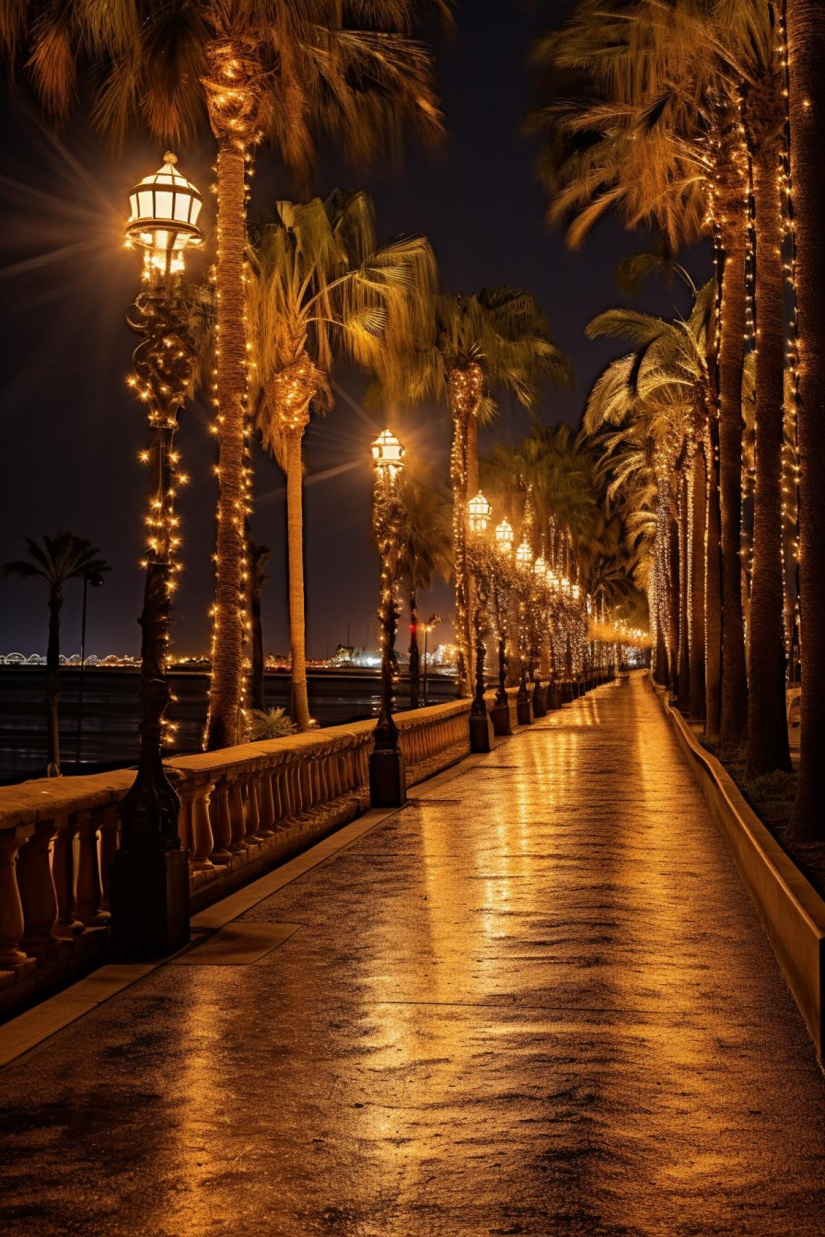 a magical stroll in a promenade over looking the sea, night, light poles, string lights, palm trees, romantic, hyper details, rich colors, photograph
