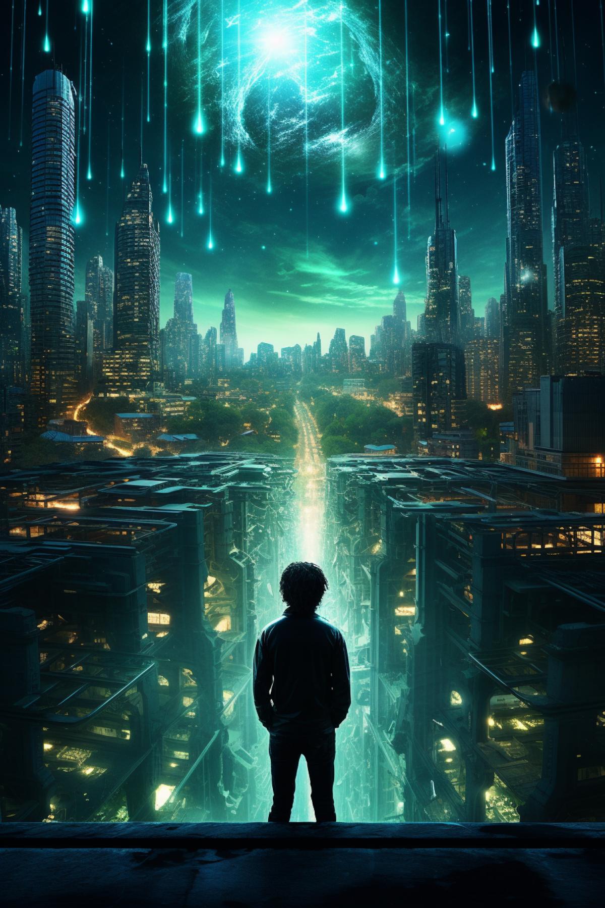 an art lover creating an urban city in the future, in the style of dark cyan and aquamarine, cybermysticpunk, pensive stillness, celestialpunk, nightscapes, realistic images, backlight