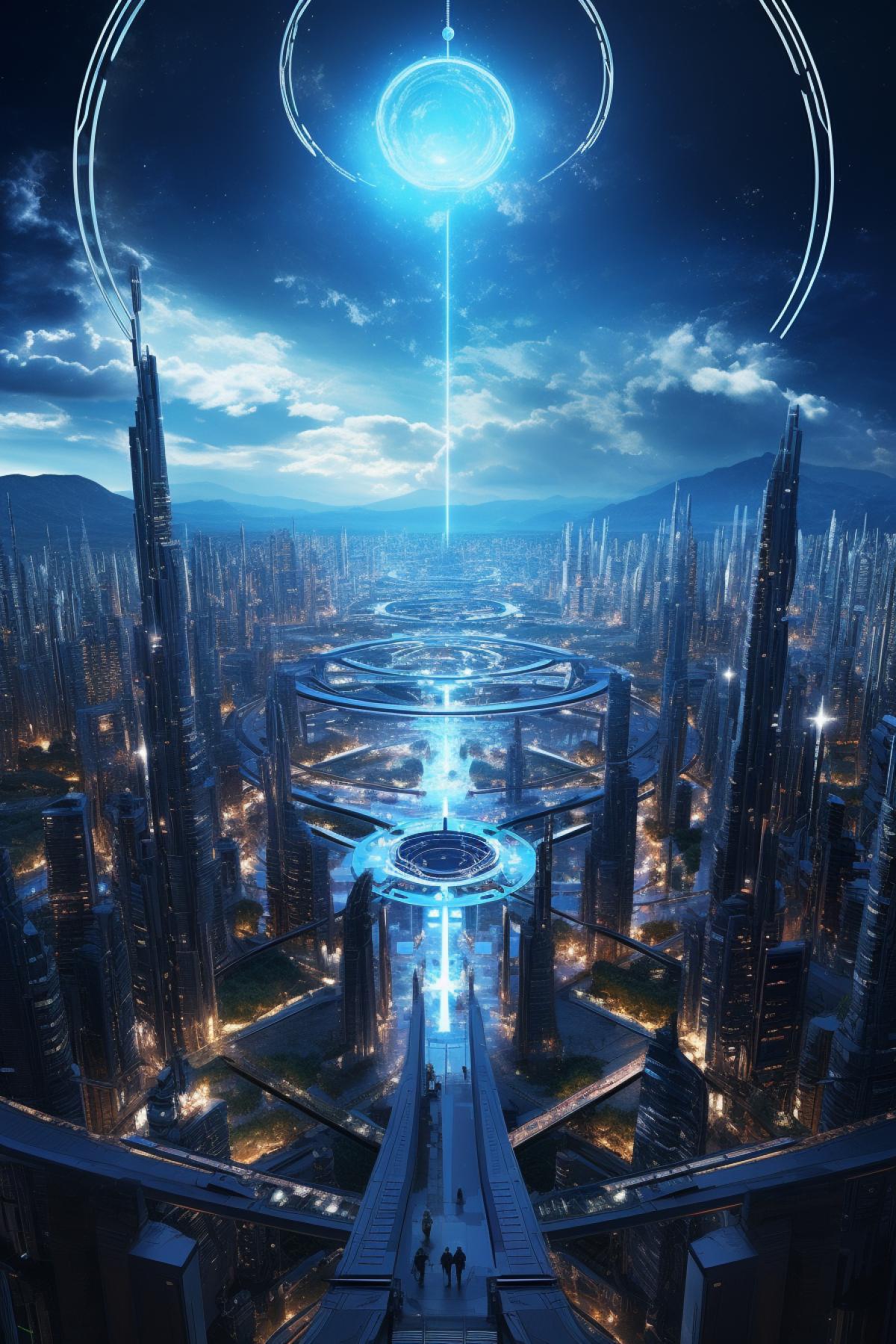 the future city is featured in this futurist film, in the style of dark dark and azure, magali villeneuve, metafictional, masamune shirow, infinity nets, maximilian pirner, light dark and silver