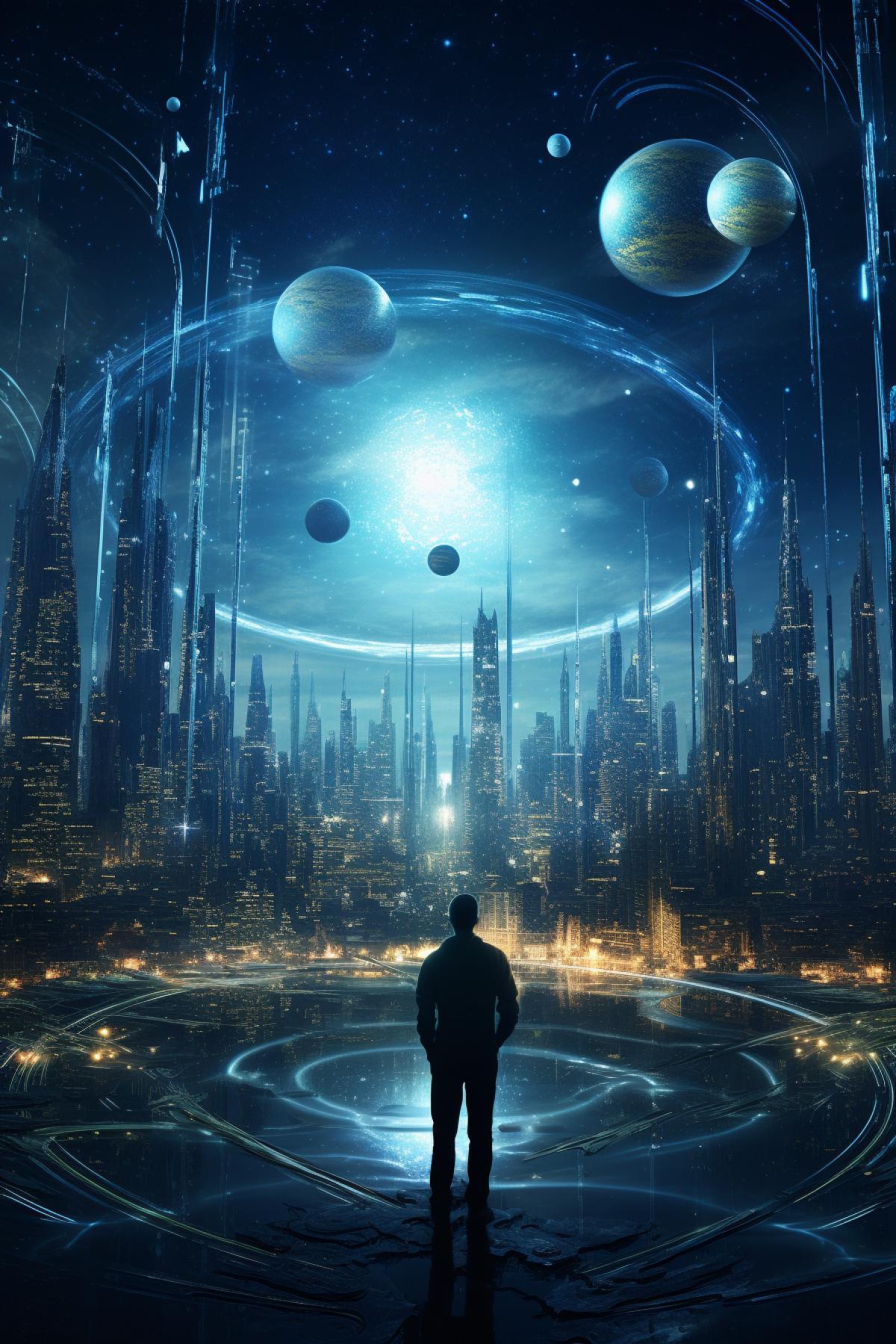 an art lover creating an urban city in the future, in the style of dark cyan and aquamarine, cybermysticpunk, pensive stillness, celestialpunk, nightscapes, realistic images, backlight