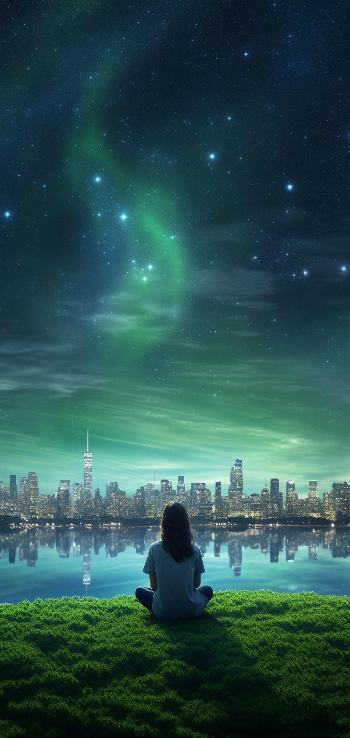 Green landscape with vibrant star night sky and tall skyscrapers buildings captured with a wide angle High resolution camera , Ultra Realistic Render, HD, 8k, Organic image