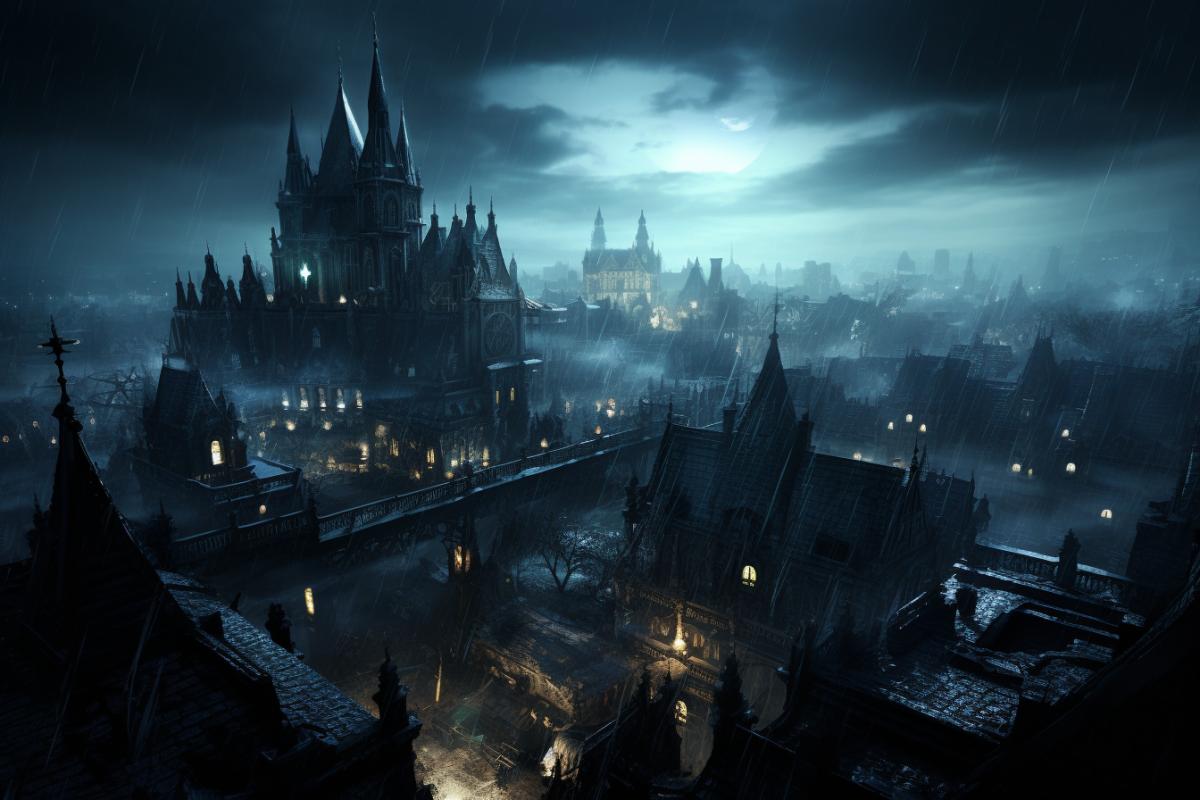 batman arkham city is lit up in the dark, in the style of frostpunk, light navy and turquoise, school of london, terraced cityscapes, aerial photography, aether clockpunk, sharp perspective angles