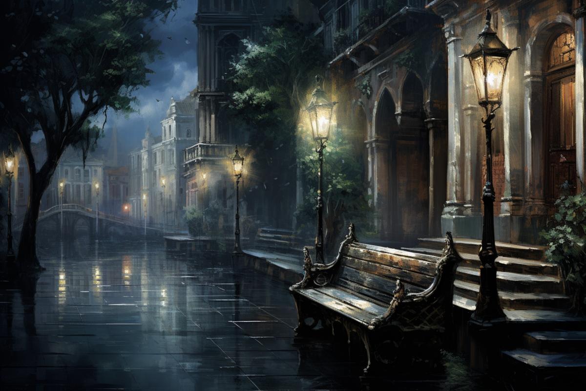 dark street at night Venice lamps, beautiful, Harry Potter style, benches, night life,Thomas Kinkade Anne Nadja Baxter Edouard Bisson stokes Nancy Noel s 750 v 5
