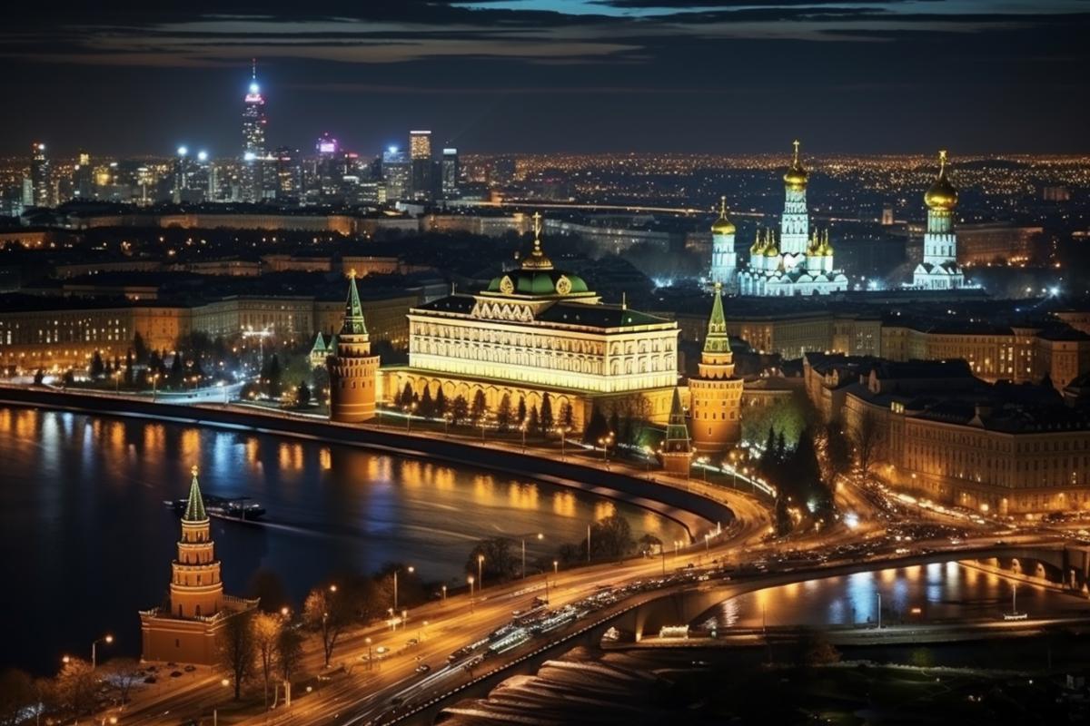 aerial photo of Moscow, Kremlin, beautiful architecture, stunning view, city lights, night