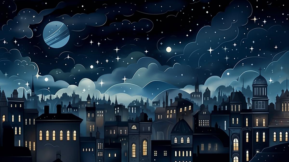 a night sky in a city with a star, in the style of art nouveau illustrations, flat figuration, captivating gaze, flowing draperies, glistening, graphic illustrations
