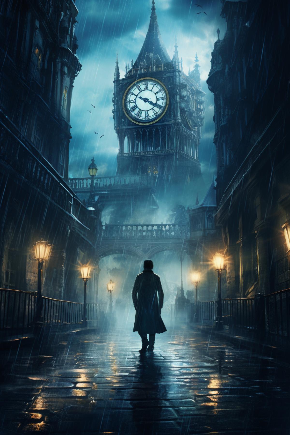 a steampunk city with clock tower in the background, in the style of moody neo-noir, atmospheric urbanscapes, dark white and blue, charles spencelayh, joel robison, albert bierstadt