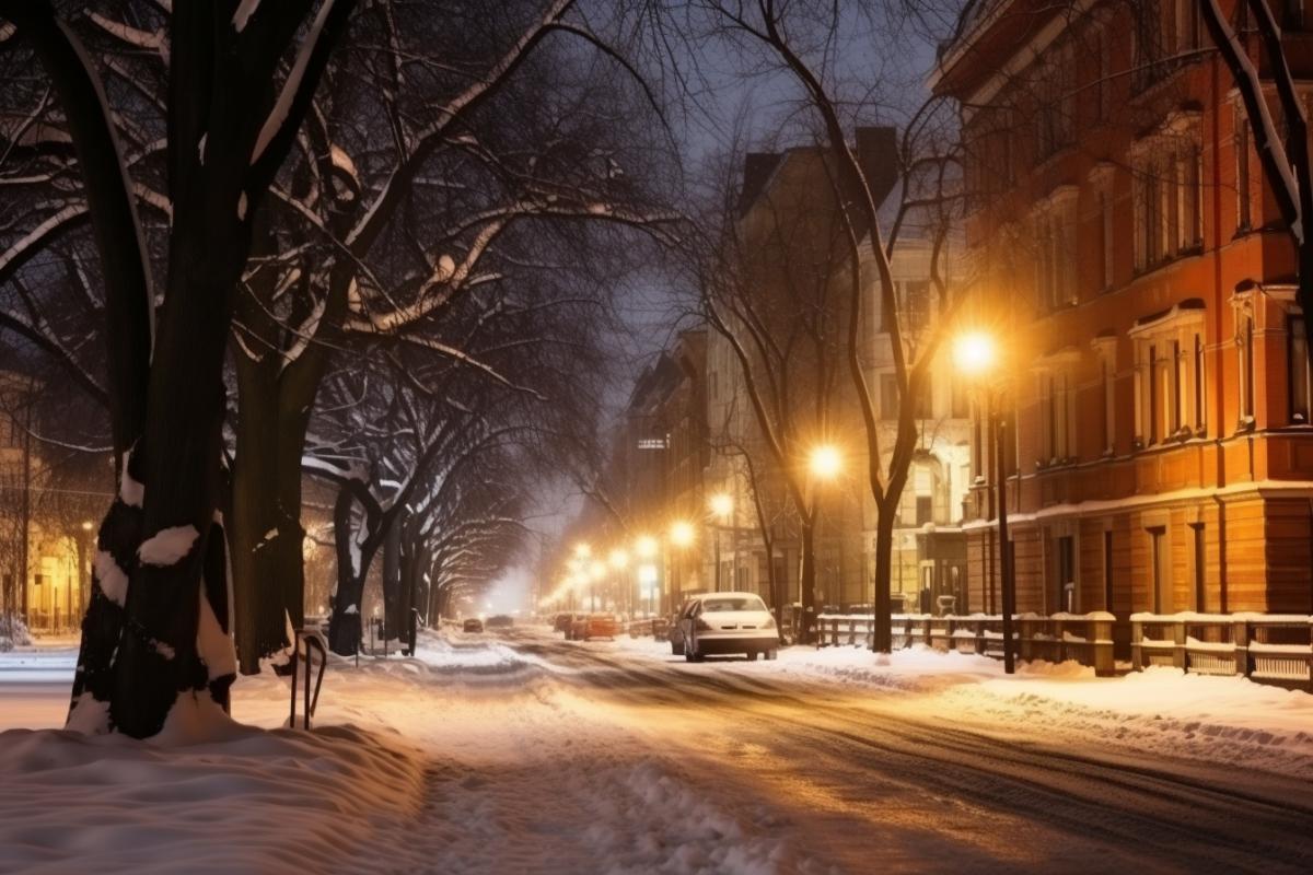 Night view of a snowy avenue with trees and buildings and old car