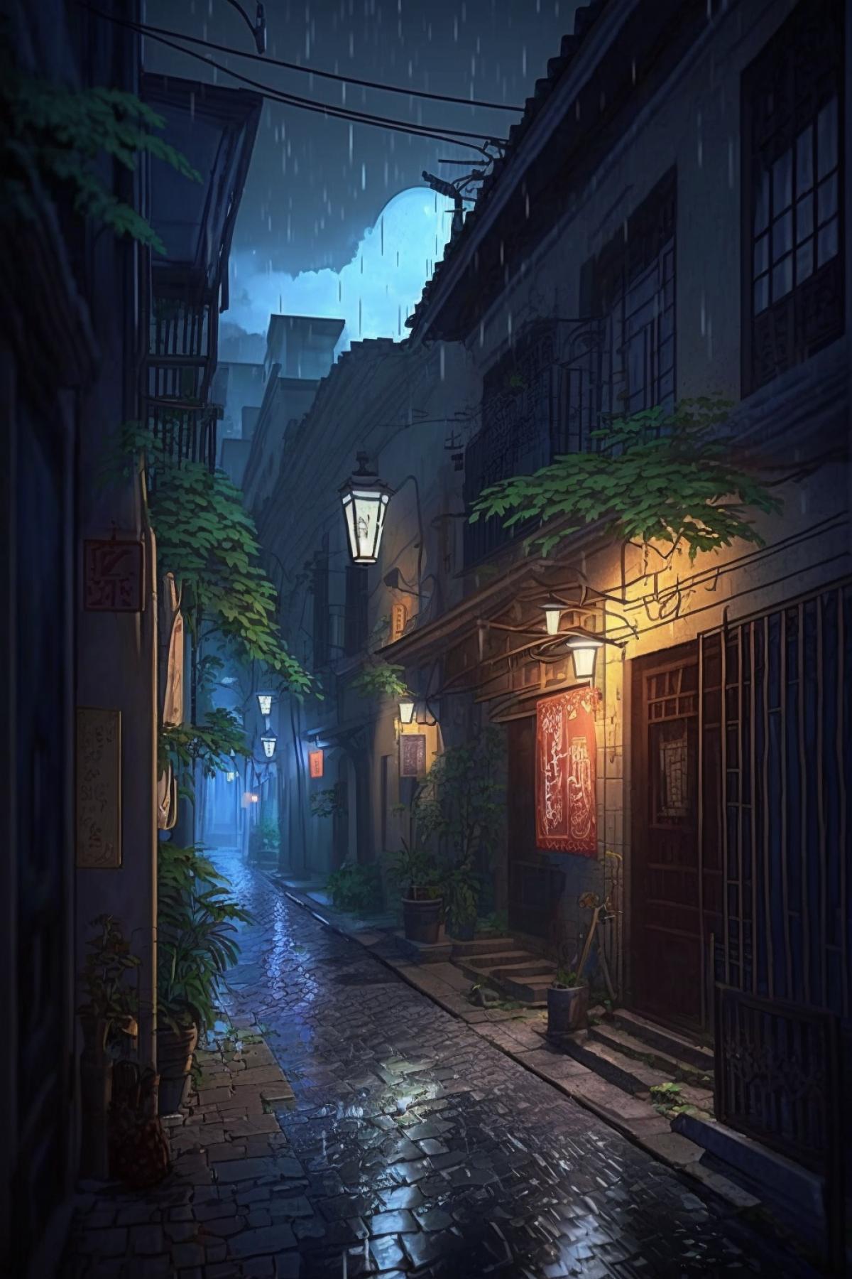 Capture the mesmerizing ancient street in the old city, night scenery, mesmerizing anime style colors.
