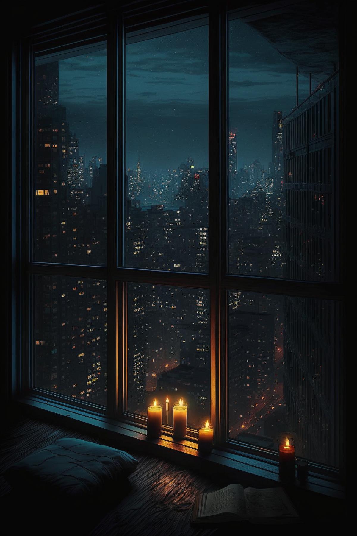 image of a room with a large solid panoramic window, loft style, candles, a beautiful view of the night city from the window, high floor, night city, a beautiful view down the city