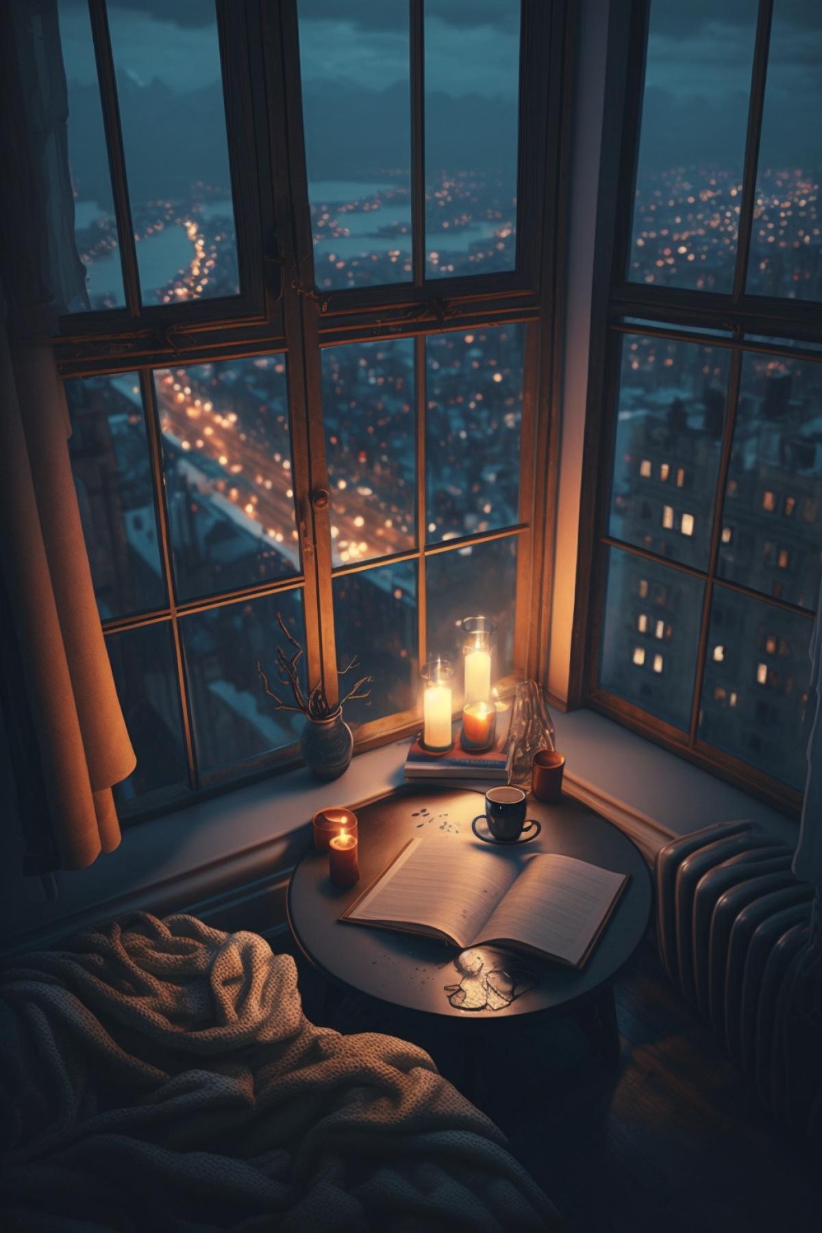 image of a room with a large solid panoramic window, loft style, candles, a beautiful view of the night city from the window, high floor, night city, a beautiful view down the city
