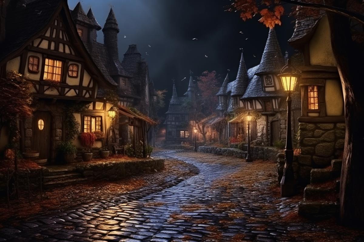 European village at Halloween night, atmospheric, mysterious, fairy tale atmosphere, photorealism