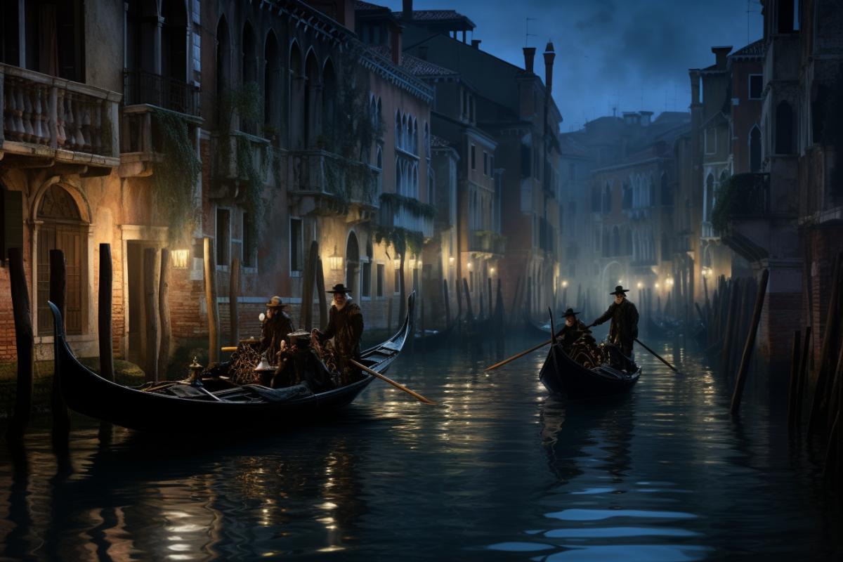 Venice carnival at night on the streets of the city, atmospheric, beautiful, general plan, photorealism