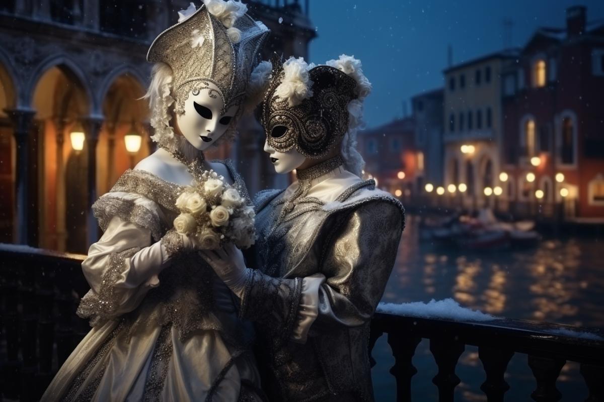 Venice carnival at night on the streets of the city, atmospheric, beautiful, general plan, photorealism