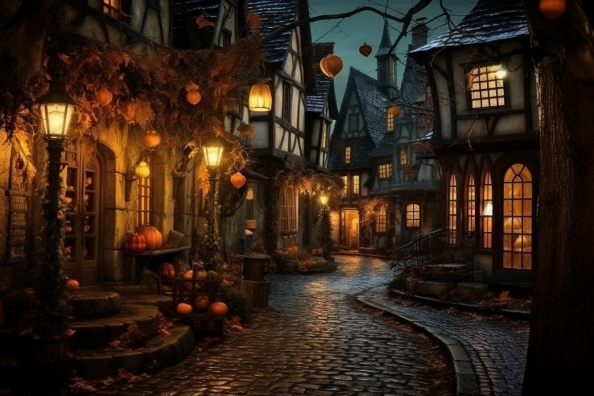 European village at night with Halloween decorations, atmospheric, beautiful, mysterious, photorealism