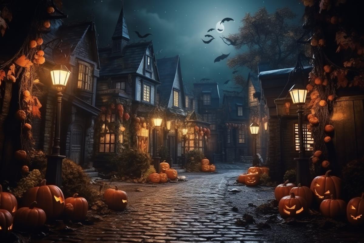 European village at night with Halloween decorations, atmospheric, beautiful, mysterious, photorealism