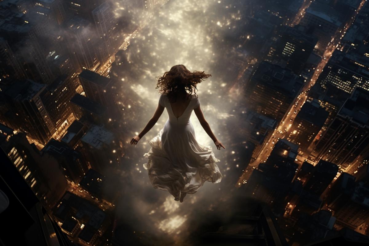 Flight of an angel over the night metropolis, top view, epic, photorealism, gothic, atmospheric, cinematographic