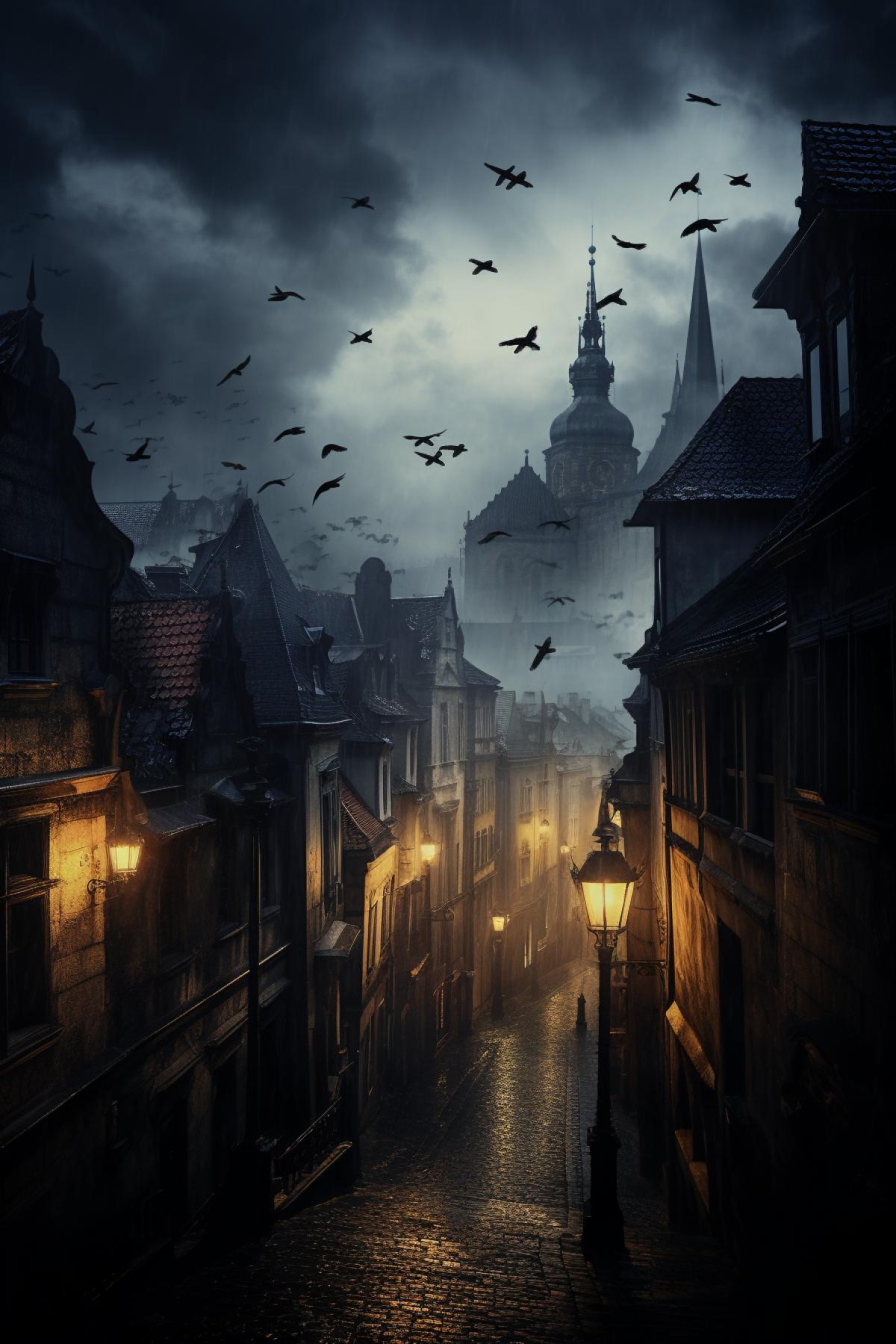 Mysterious Prague at night, bats, atmospheric, photorealism