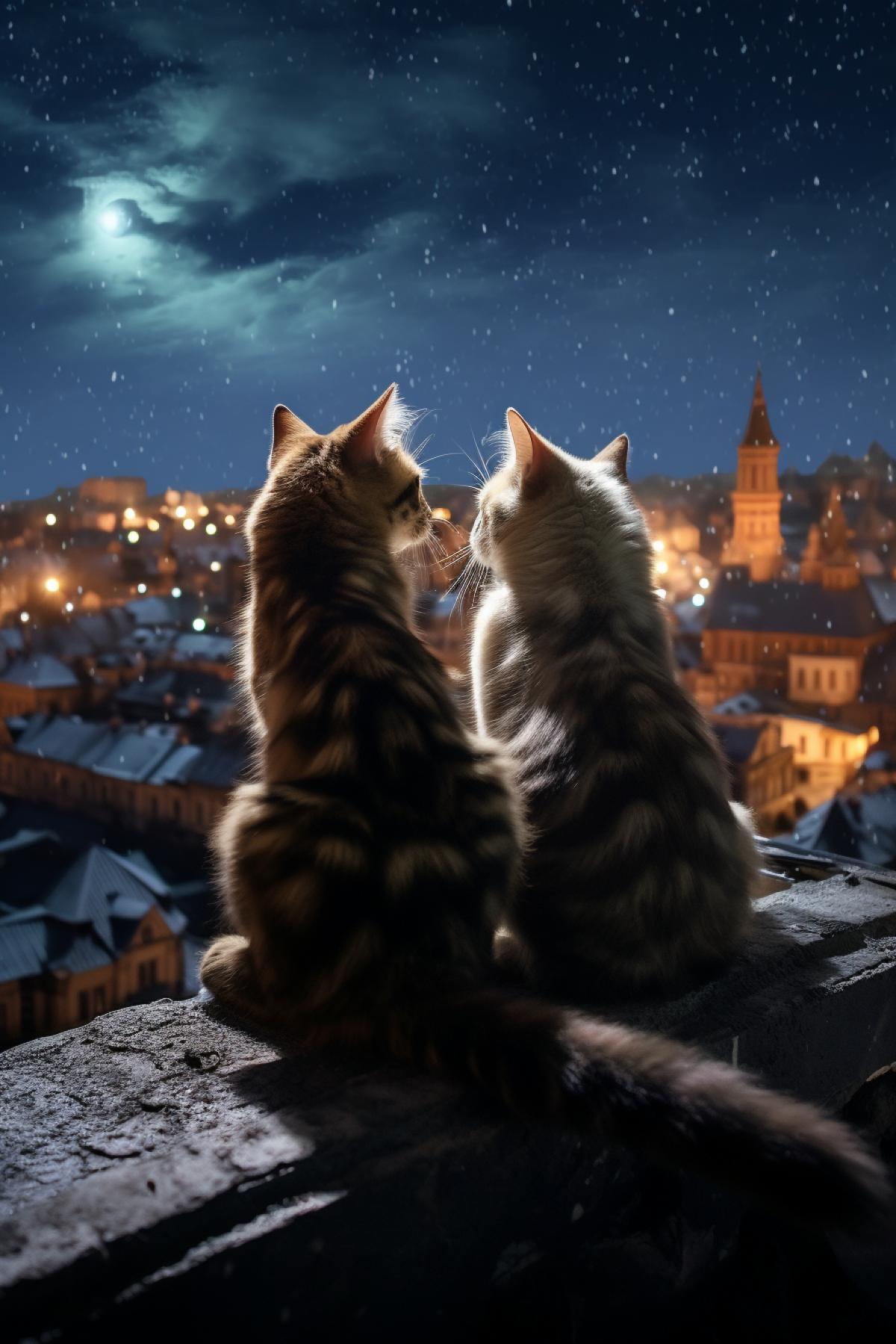 Cats walk on the roofs at night, against the backdrop of the old year, beautiful, romantic, atmospheric, photorealism