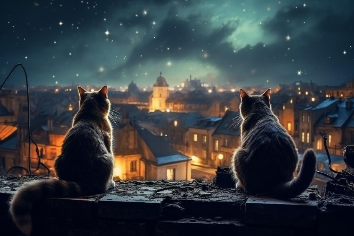 Cats walk on the roofs at night, against the backdrop of the old city, beautiful, romantic, atmospheric, photorealism